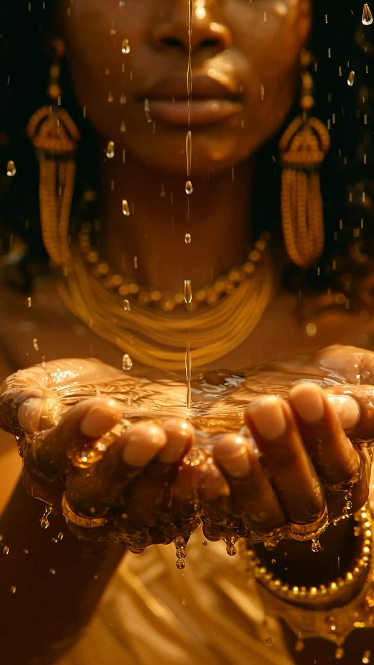 Artistic image evoking Oxum, with water and golden adornments