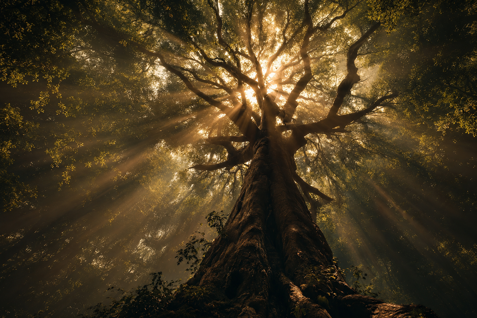 An ancestral tree illuminated by golden rays in the forest